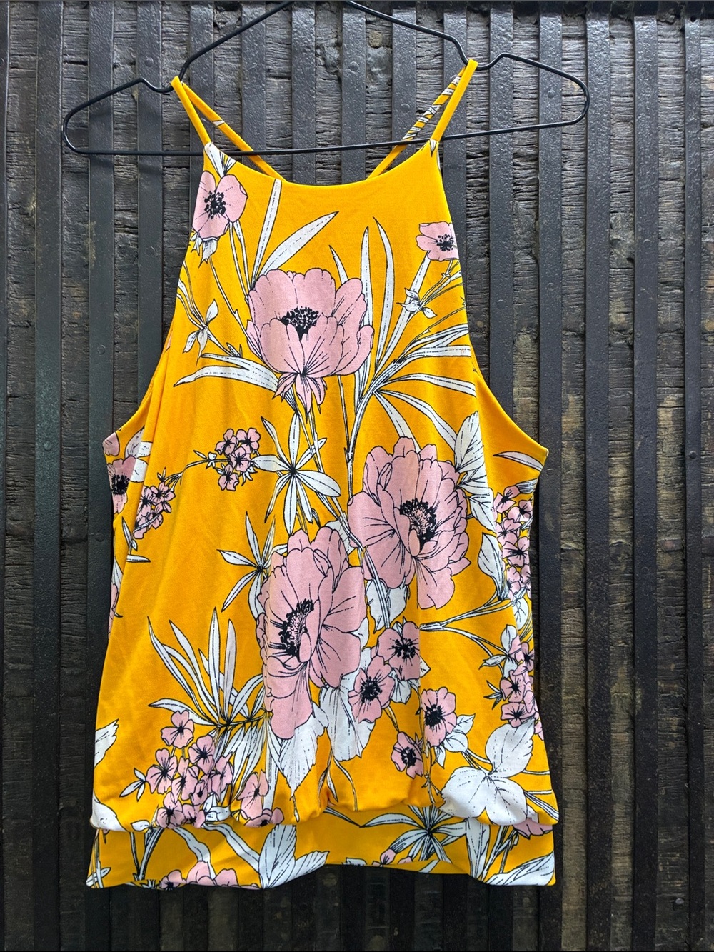 Express Women's Floral Halter Cami - Mustard Yellow with Pink Flowers
